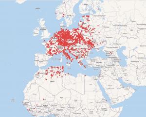 Mapped visualization of the camps listed in WikiData after EHRI's contributions